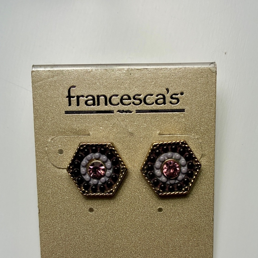 Francesca's Collections Gold-Tone Hexagon Earrings with Pink Center